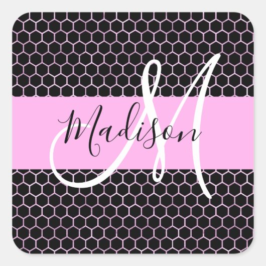 Sticker Carré Glam Black Metallic Rose Honeycomb Nom du monogram (Devant)