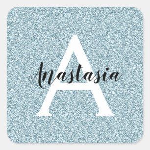 Sticker Carré Glam Bleu Argent Paillettes Monogramme Nom