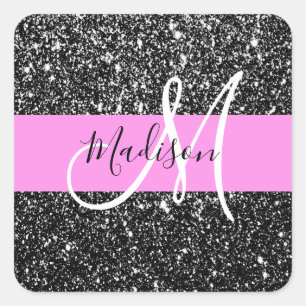 Sticker Carré Glam Chic Rose Noir Paillettes Brillantes Monogram