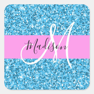 Sticker Carré Glam Ciel Bleu Rose Paillettes Paillettes Nom Mono
