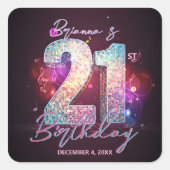 Sticker Carré Glam Disco Ball Musical Notes Pink 21st Birthday (Devant)