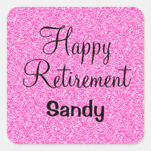 Sticker Carré Glam Happy Retirement Hot rose Parties scintillant