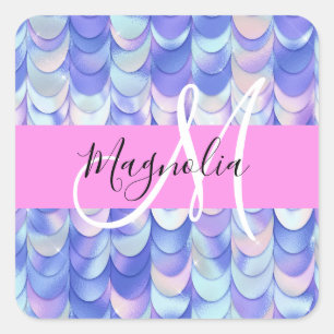 Sticker Carré Glam Iridescente Blue Mermaid Scales Nom Monogramm