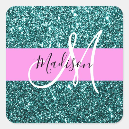 Sticker Carré Glam Pink Turquoise Parties scintillant verte Nom  (Devant)