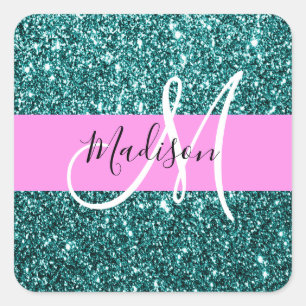 Sticker Carré Glam Pink Turquoise Parties scintillant verte Nom 