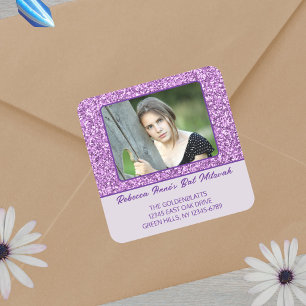 Sticker Carré Glam Purple Photo Élégante Pour Son Bat mitzvah