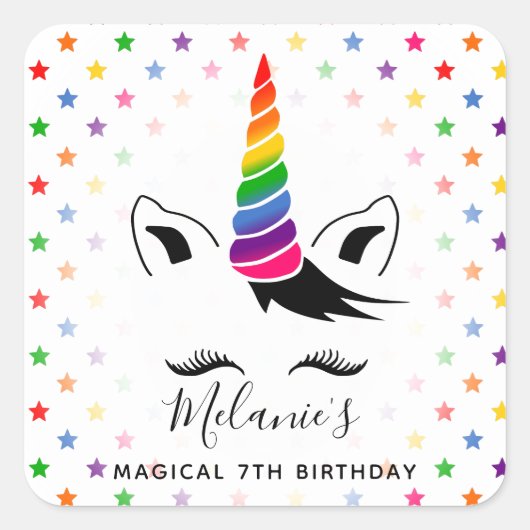Sticker Carré Glam Rainbow Unicorn fête d'anniversaire (Devant)