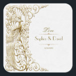 Sticker Carré Glam White Gold Art Déco Peacocks Mariage<br><div class="desc">Design élégant, mélange de paons de style ancien et d'éléments d'art déco en faux or et d'une approche graphique moderne et audacieuse, sur un arrière - plan texturé blanc. Utilisez l'outil Personnaliser pour ajouter vos informations. Pour les articles correspondants, visitez, s'il vous plaît, ma collection White Gold Art Déco Peacocks....</div>