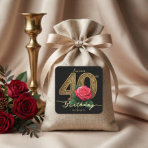 Glamorous Black Gold Red Rose Floral 40th Birthday