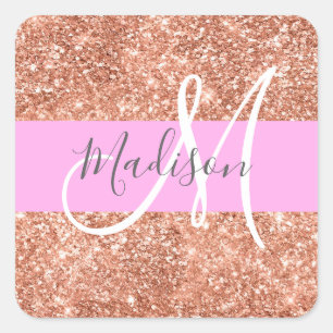 Sticker Carré Glamour Féminin Rose Pêche Or Paillettes Monogramm