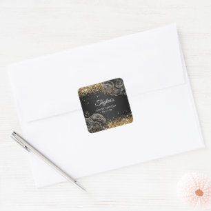 Sticker Carré Glamour Floral Noir Paillettes Dorées Sweet Sixtee