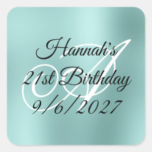 Sticker Carré Glamour Monogramme Turquoise Clair 21e Anniversair