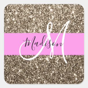Sticker Carré Glamour Rose Champagne Or Glitter Monogramme
