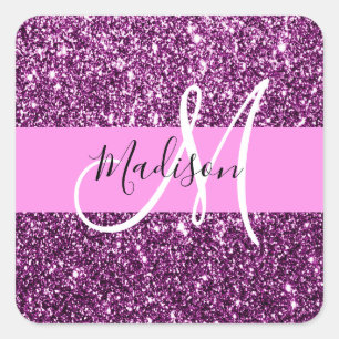 Sticker Carré Glamour Rose & Violet Paillettes Monogramme Nom