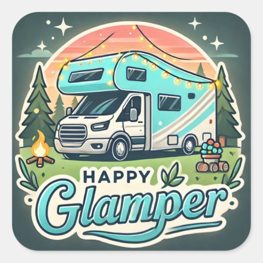 Sticker Carré Glamper Happy - Vibes Glamping Fun (Devant)