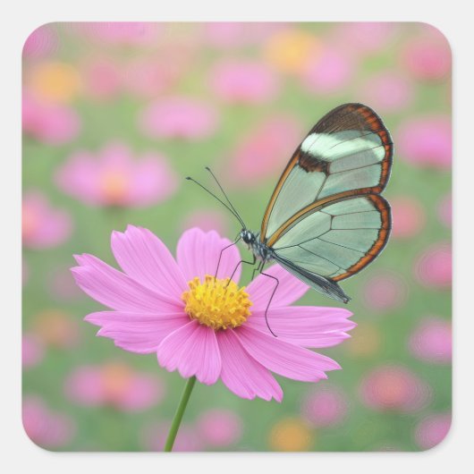 Sticker Carré Glasswing Butterfly On a Cosmos (Devant)