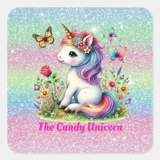 Sticker Carré Glitter candy unicorn meadow wildflowers  (Devant)