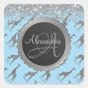 Sticker Carré Glitterie Giraffe sur Monogramme Bleu Personnalisé