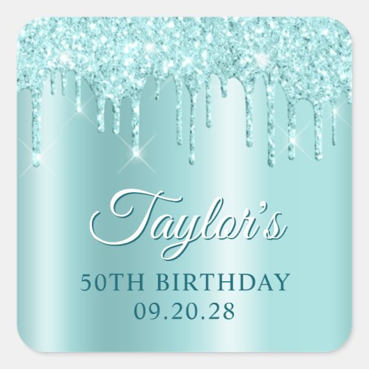 Sticker Carré Glittery Drips Light Turquoise Ombre Drop Shadow (Devant)