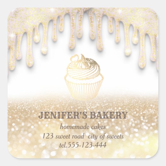 Sticker Carré Glittery goutte d'or cupcakes et sucreries maison (Devant)