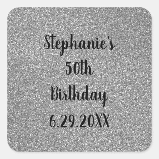 Sticker Carré Glittery Grey Silver Joyeux Anniversaire Nom Perso (Devant)