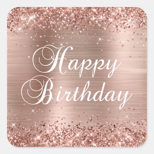 Sticker Carré Glittery Rose Gold Foil Joyeux anniversaire (Devant)