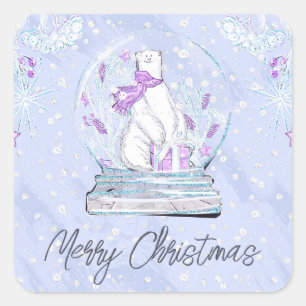 Sticker Carré Globe de neige ours polaire hiver mignon aquarelle