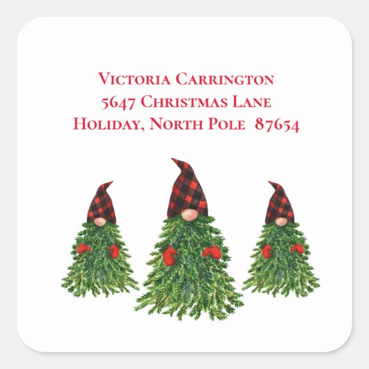 Sticker Carré Gnome Christmas Tree Buffalo Check Adresse de reto (Devant)