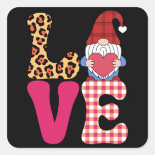 Sticker Carré Gnome de l'amour Saint Valentin Rouge Carreaux Buf