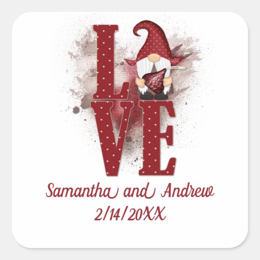 Sticker Carré Gnomes Red Love mignon Anniversaire Mariage (Devant)