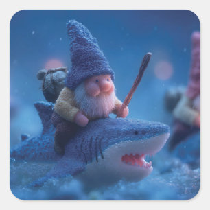 Sticker Carré Gnomes Whimsical chevauchant des requins
