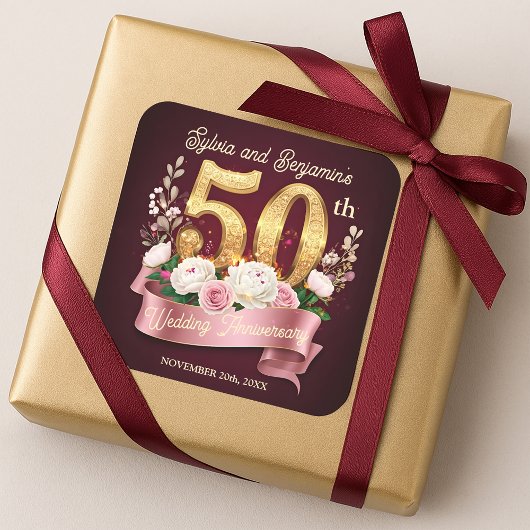 Sticker Carré Gold 50e anniversaire Mariage Roses Laurel Wreath