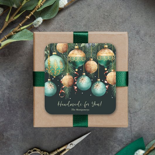 Sticker Carré Gold and Green Christmas Ornaments