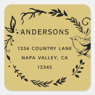 Sticker Carré Gold Bird & Botanical Wreath Return Adresse