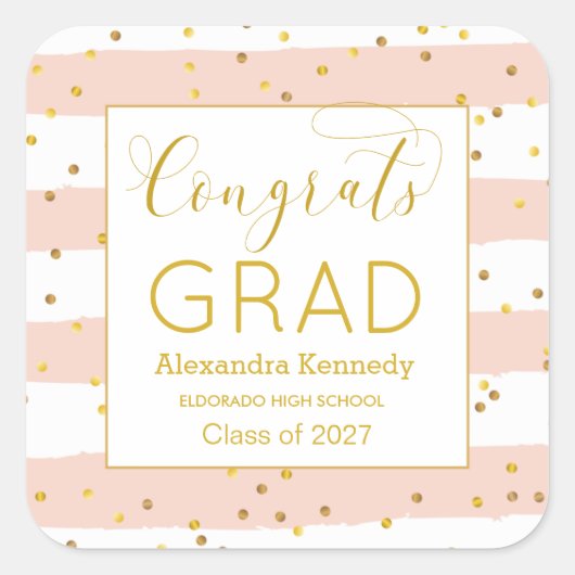 Sticker Carré Gold Confetti Pink Stripes Graduation (Devant)