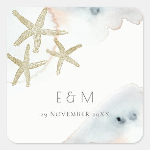 STICKER CARRÉ GOLD DUSKY BLUE BEACHING STARFISH MONOGRAM MARIAGE