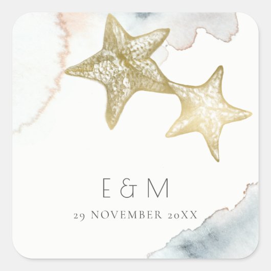 STICKER CARRÉ GOLD DUSKY BLUE BEACHING STARFISH MONOGRAM MARIAGE (Devant)