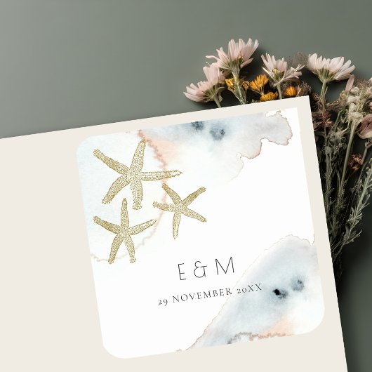 STICKER CARRÉ GOLD DUSKY BLUE BEACHING STARFISH MONOGRAM MARIAGE
