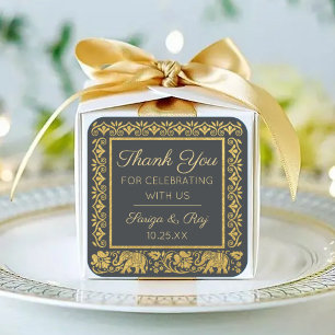 Sticker Carré Gold Elephant & Lotus Mariage Retour Cadeau Favori