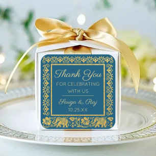 Sticker Carré Gold Elephant & Lotus Mariage Retour Cadeau Favori