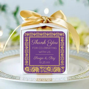 Sticker Carré Gold Elephant & Lotus Mariage Retour Cadeau Favori