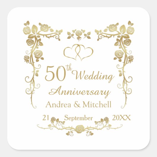 Sticker Carré Gold Floral Hearts 50e Mariage Anniversaire Squar (Devant)