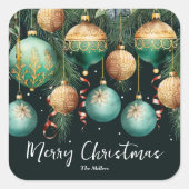 Sticker Carré Gold Green Merry Christmas Ornaments (Devant)