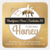 Sticker Carré Gold Modern Script Honey avec abeille à miel (Devant)