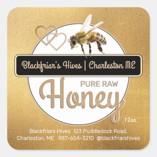 Sticker Carré Gold Modern Script Honey avec abeille à miel (Devant)