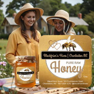 Sticker Carré Gold Modern Script Honey avec abeille à miel