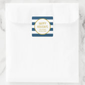 Sticker Carré Gold Navy Blue Stripes Happy Holidays Custom (Sac)