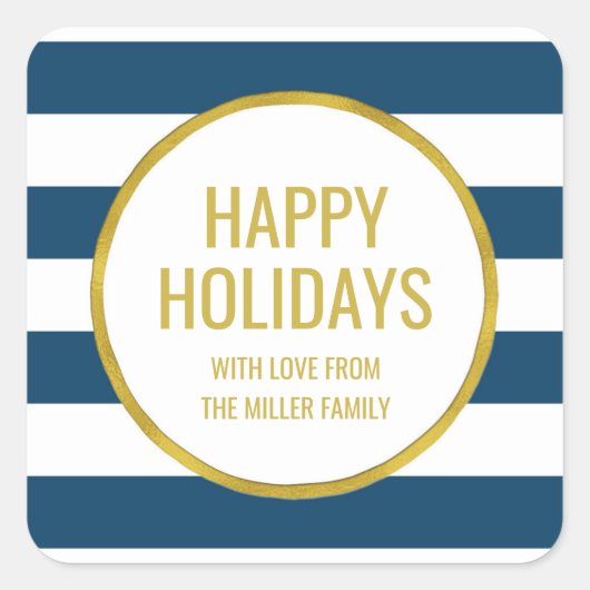 Sticker Carré Gold Navy Blue Stripes Happy Holidays Custom (Devant)