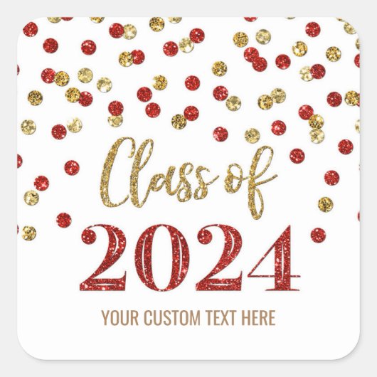 Sticker Carré Gold Red Confetti Graduation 2024 (Devant)