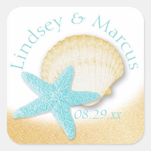 Sticker Carré Gold Seashell et Aqua Starfish Sparkle Beach (Devant)